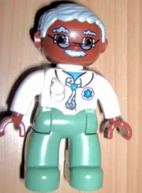 LEGO Duplo Figure Lego Ville, Male Medic, Sand Green Legs, White Top with Stethoscope, Light Bluish Gray Hair, Brown Head, Glasses, Moustache minifigure