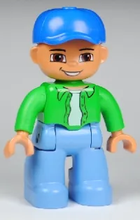 LEGO Duplo Figure Lego Ville, Male, Medium Blue Legs, Bright Green Top with White Undershirt, Blue Cap minifigure