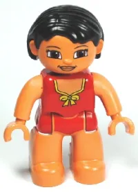 LEGO Duplo Figure Lego Ville, Female, Red Swimsuit with Yellow Bow, Black Hair minifigure