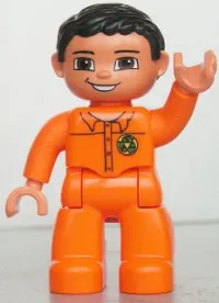 LEGO Duplo Figure Lego Ville, Male, Orange Legs, Nougat Hands, Orange Top with Recycle Logo, Black Hair, Brown Eyes minifigure