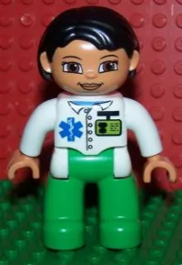 LEGO Duplo Figure Lego Ville, Female, Medic, Bright Green Legs, White Top with ID Badge and EMT Star of Life Pattern, Black Hair, Brown Eyes minifigure