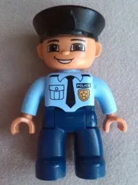 LEGO Duplo Figure Lego Ville, Male Police, Dark Blue Legs, Light Blue Top with Badge and Tie, Nougat Hands, Black Hat minifigure