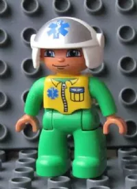 LEGO Duplo Figure Lego Ville, Male Medic, Bright Green Legs & Jumpsuit with Yellow Vest, White Helmet with EMT Star of Life Pattern minifigure