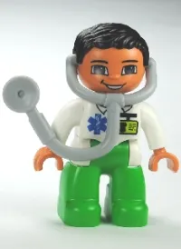 LEGO Duplo Figure Lego Ville, Male Medic, Bright Green Legs, White Top with ID Badge and EMT Star of Life Pattern, Attached Stethoscope minifigure
