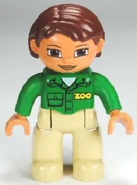 LEGO Duplo Figure Lego Ville, Female, Tan Legs, Green Top with 'ZOO' on Front and Back, Reddish Brown Hair, Brown Eyes (Zoo Worker) minifigure