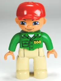 LEGO Duplo Figure Lego Ville, Male, Tan Legs, Green Top with 'ZOO' on Front and Back, Red Cap, Blue Eyes (Zoo Worker) minifigure