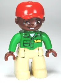 LEGO Duplo Figure Lego Ville, Male, Tan Legs, Green Top with 'ZOO' on Front and Back, Brown Head, Red Cap, Brown Head, Brown Eyes (Zoo Worker) minifigure