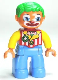 LEGO Duplo Figure Lego Ville, Male Clown, Medium Blue Legs, Striped Jacket, Bow Tie, Green Hair minifigure