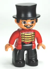LEGO Duplo Figure Lego Ville, Male Circus Ringmaster, Black Legs, Red Top with Gold Braid, Top Hat, Brown Eyes minifigure