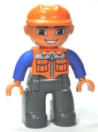 LEGO Duplo Figure Lego Ville, Male, Dark Bluish Gray Legs, Orange Vest with Zipper and Pockets, Orange Construction Helmet minifigure