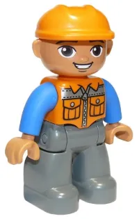 LEGO Duplo Figure Lego Ville, Male, Dark Bluish Gray Legs, Orange Vest with Zipper and Pockets, Orange Construction Helmet, Oval Eyes minifigure