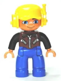 LEGO Duplo Figure Lego Ville, Male, Blue Legs, Brown Vest with Zipper and Zippered Pockets, Yellow Cap with Headset minifigure