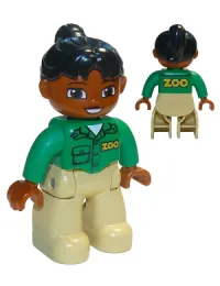 LEGO Duplo Figure Lego Ville, Female, Tan Legs, Green Top with 'ZOO' on Front and Back, Black Ponytail Hair, Brown Head (Zoo Worker) minifigure