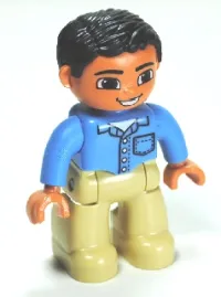 LEGO Duplo Figure Lego Ville, Male, Tan Legs, Medium Blue Shirt with Pocket and 4 Buttons, Black Hair minifigure
