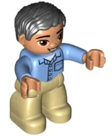 LEGO Duplo Figure Lego Ville, Male, Tan Legs, Medium Blue Shirt with Pocket and 4 Buttons, Black Hair, Oval Eyes minifigure