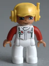 LEGO Duplo Figure Lego Ville, Male, White Legs, White Race Top with Octan Logo, Yellow Cap with Headset minifigure