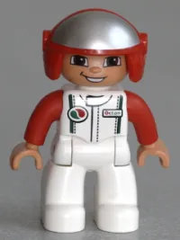 LEGO Duplo Figure Lego Ville, Male, White Legs, White Race Top with Octan Logo, Red Helmet minifigure