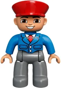 LEGO Duplo Figure Lego Ville, Male, Dark Bluish Gray Legs, Blue Jacket with Tie, Red Hat, Smile with Teeth (Train Conductor) minifigure