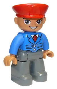 LEGO Duplo Figure Lego Ville, Male, Dark Bluish Gray Legs, Blue Jacket with Tie, Red Hat, Smile with Teeth (Train Conductor), Oval Eyes minifigure