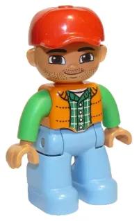 LEGO Duplo Figure Lego Ville, Male, Medium Blue Legs, Orange Vest, Dark Green Plaid Shirt, Bright Green Arms, Red Cap minifigure