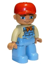 LEGO Duplo Figure Lego Ville, Male, Medium Blue Legs, Tan Top with Medium Blue Overalls, Bandana, Red Cap minifigure