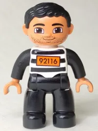 LEGO Duplo Figure Lego Ville, Male, Black Legs, Black and White Striped Top with Number 92116, Black Hair (Prisoner) minifigure