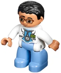 LEGO Duplo Figure Lego Ville, Male Medic, Medium Blue Legs, White Lab Coat, Stethoscope, Glasses, Black Hair minifigure