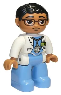 LEGO Duplo Figure Lego Ville, Male Medic, Medium Blue Legs, White Lab Coat, Stethoscope, Glasses, Black Hair, Oval Eyes minifigure