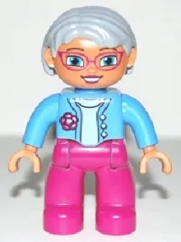 LEGO Duplo Figure Lego Ville, Female, Magenta Legs, Medium Blue Top with Flower, Light Bluish Gray Hair, Blue Eyes, Glasses minifigure