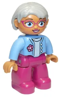 LEGO Duplo Figure Lego Ville, Female, Magenta Legs, Medium Blue Top with Flower, Light Bluish Gray Hair, Blue Eyes, Glasses, Oval Eyes minifigure