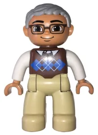 LEGO Duplo Figure Lego Ville, Male, Tan Legs, Reddish Brown Argyle Sweater Vest, White Arms, Light Bluish Gray Hair, Glasses minifigure