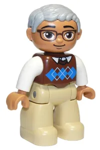 LEGO Duplo Figure Lego Ville, Male, Tan Legs, Reddish Brown Argyle Sweater Vest, White Arms, Light Bluish Gray Hair, Glasses, Oval Eyes minifigure