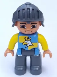 LEGO Duplo Figure Lego Ville, Male Castle, Dark Bluish Gray Legs, Blue and Yellow Chest with Crowned Eagle, Helmet minifigure
