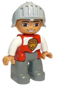 LEGO Duplo Figure Lego Ville, Male Castle, Dark Bluish Gray Legs, Red and White Chest with Lion on Shield, Helmet minifigure