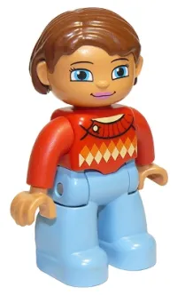 LEGO Duplo Figure Lego Ville, Female, Medium Blue Legs, Red Sweater with Diamond Pattern, Reddish Brown Hair, Blue Eyes minifigure