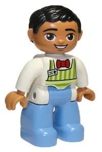 LEGO Duplo Figure Lego Ville, Male, Medium Blue Legs, Lime Striped Apron, Red Bow Tie, Black Hair, Oval Eyes minifigure