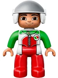 LEGO Duplo Figure Lego Ville, Male, Red Legs, Race Top with Zipper and Octan Logo, White Helmet minifigure