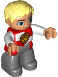 LEGO Duplo Figure Lego Ville, Male Castle, Dark Bluish Gray Legs, Red and White Chest with Lion on Shield, Bright Light Yellow Hair, Blue Eyes minifigure