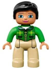 LEGO Duplo Figure Lego Ville, Female, Tan Legs, Green Top with Tartan Pattern, Black Hair minifigure