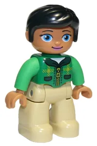 LEGO Duplo Figure Lego Ville, Female, Tan Legs, Green Top with Tartan Pattern, Black Hair, Oval Eyes minifigure