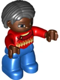LEGO Duplo Figure Lego Ville, Female, Blue Legs, Red Argyle Sweater, Red Arms, Brown Head, Black Hair minifigure