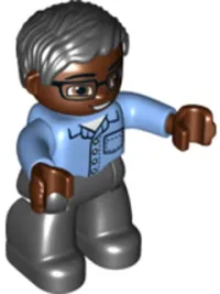 LEGO Duplo Figure Lego Ville, Male, Black Legs, Medium Blue Shirt with Pocket, Medium Blue Arms, Brown Head, Glasses, Black Hair minifigure