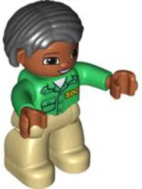 LEGO Duplo Figure Lego Ville, Female, Tan Legs, Green Top with 'ZOO' on Front, Brown Head, Black Hair, Brown Eyes minifigure