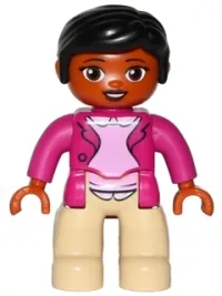 LEGO Duplo Figure Lego Ville, Female, Tan Legs, Magenta Jacket and Pink Blouse Pattern, Black Hair, Brown Eyes minifigure