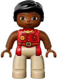 LEGO Duplo Figure Lego Ville, Female, Tan Legs, Red Shirt, Black Hair, Reddish Brown Arms minifigure