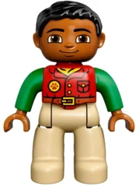 LEGO Duplo Figure Lego Ville, Male, Tan Legs, Red Shirt, Black Hair, Bright Green Arms minifigure