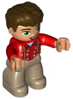 LEGO Duplo Figure Lego Ville, Male, Dark Tan Legs, Red Top with Suspenders, Dark Brown Hair minifigure