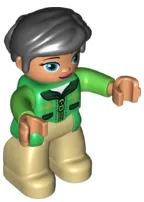 LEGO Duplo Figure Lego Ville, Female, Tan Legs, Green Jacket with Dark Green Collar, Bright Green Arms, Black Hair minifigure