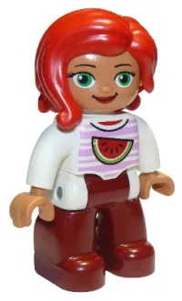 LEGO Duplo Figure Lego Ville, Female, Dark Red Legs, White Top with Bright Pink Stripes and Watermelon Pattern, Green Eyes, Red Hair minifigure