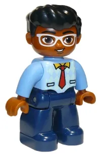 LEGO Duplo Figure Lego Ville, Male, Dark Blue Legs, Bright Light Blue Top with Medium Blue Sleeves and Tie Pattern, White Glasses, Black Hair minifigure